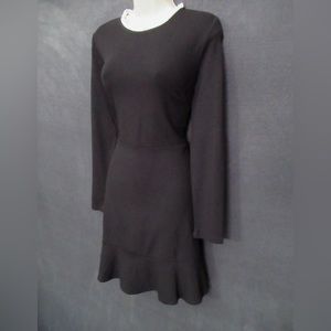LOFT Black Long Sleeve Flare Dress With White Ruffle Neckline